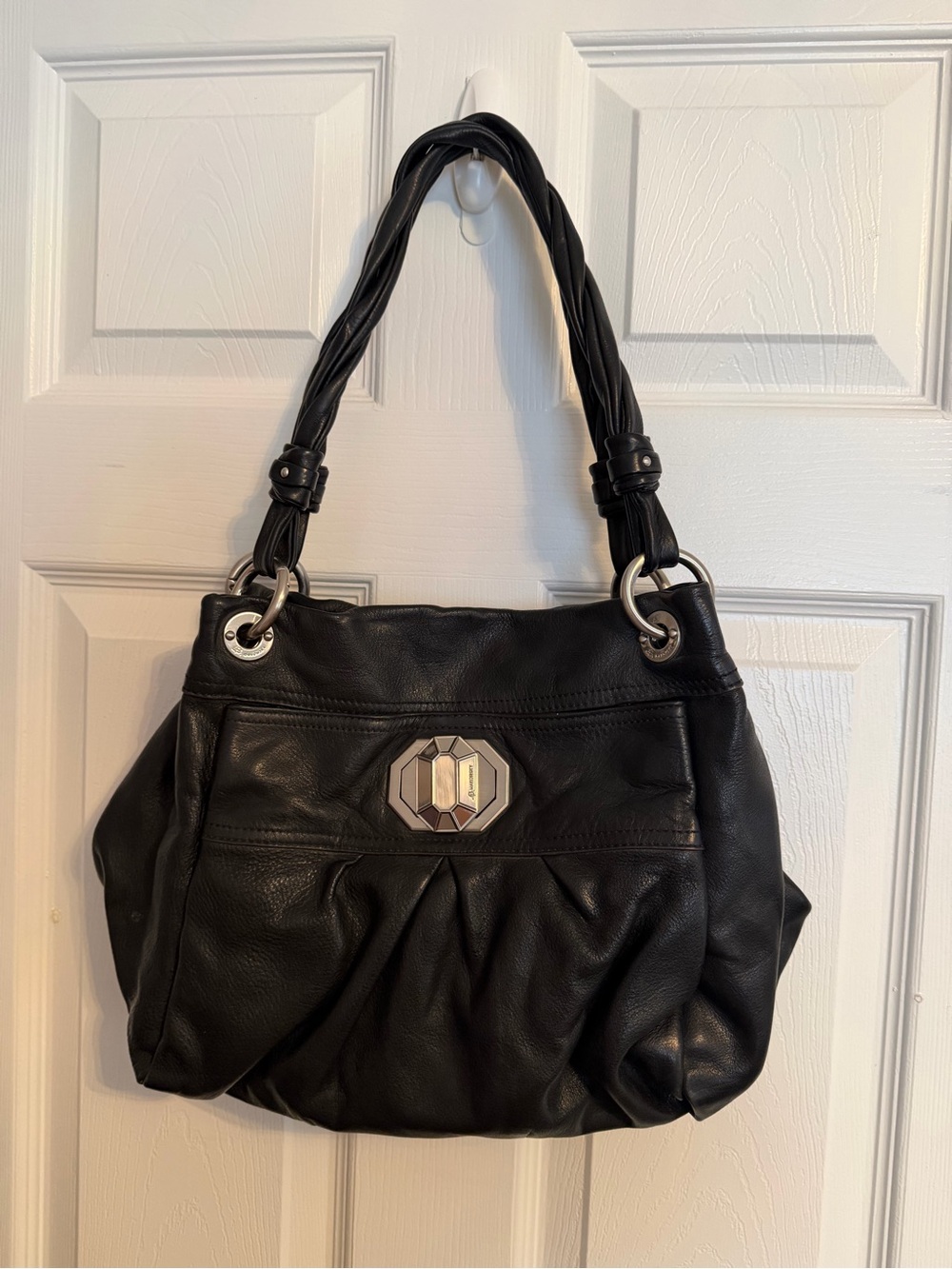 b. makowsky Black Leather Braided-Handle Shoulder Bag
